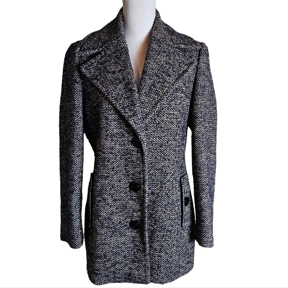 Calvin Klein Wool Blend Tweed Jacket Size 8 Button Up Classic Academia Pea Coat